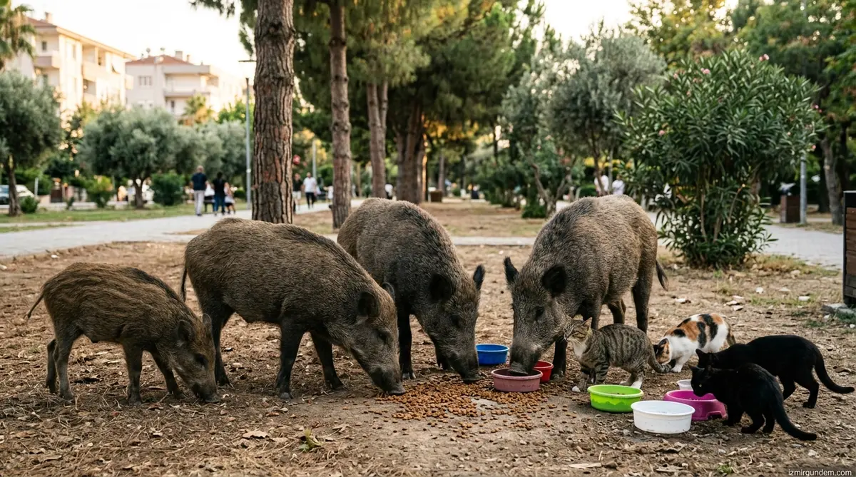 Balçova'da Yaban Domuzu İstilası: Parklarda Kedilerle Aynı Sofrada