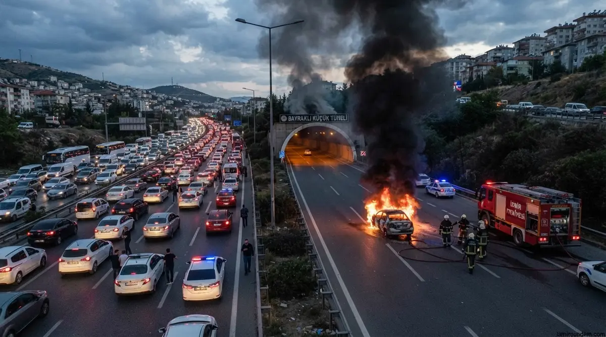 Bayraklı Küçük Tünel Çıkışında Araç Yangını: 2 Kilometre Kuyruk
