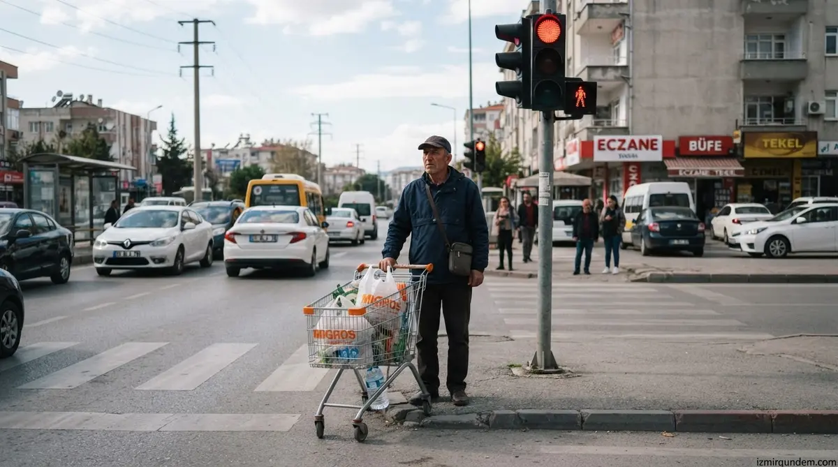 Bornova'da Market Arabasıyla Kırmızı Işıkta Bekledi