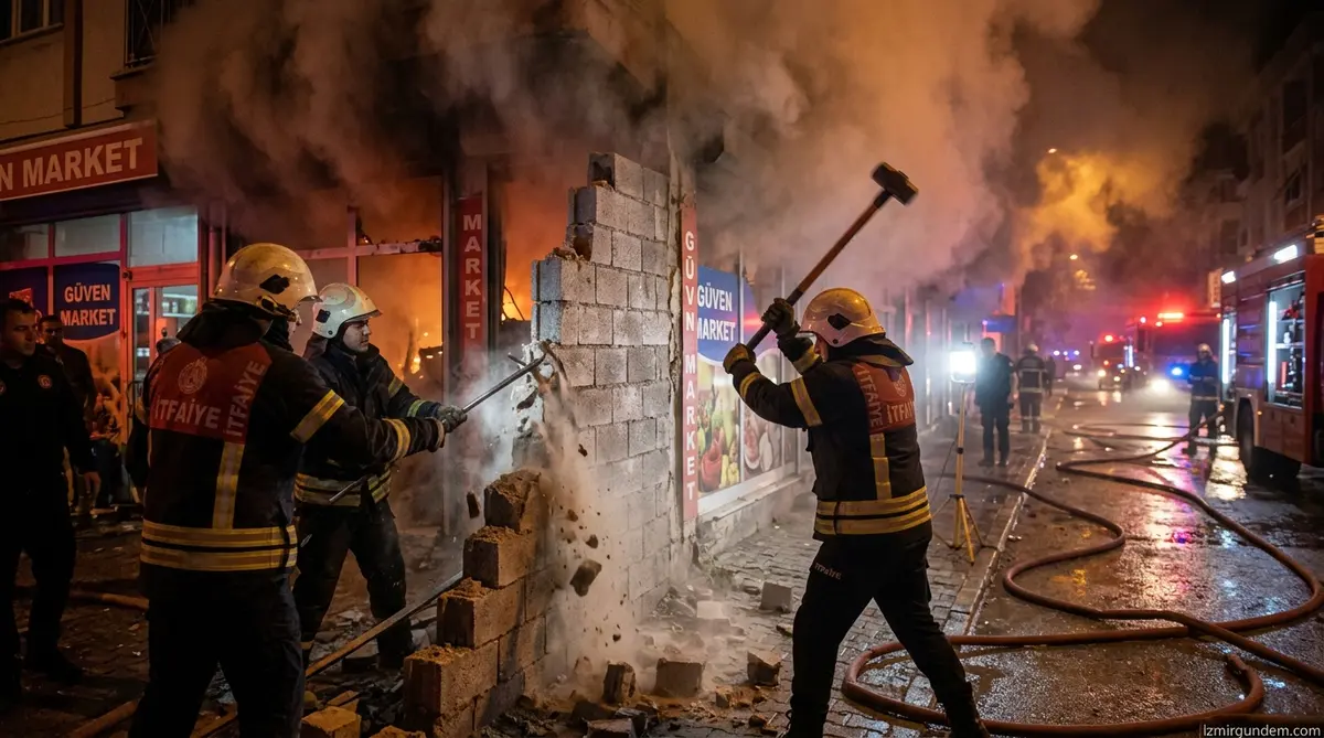 Bornova'da Market Yangını: İtfaiye Duvarı Kırdı
