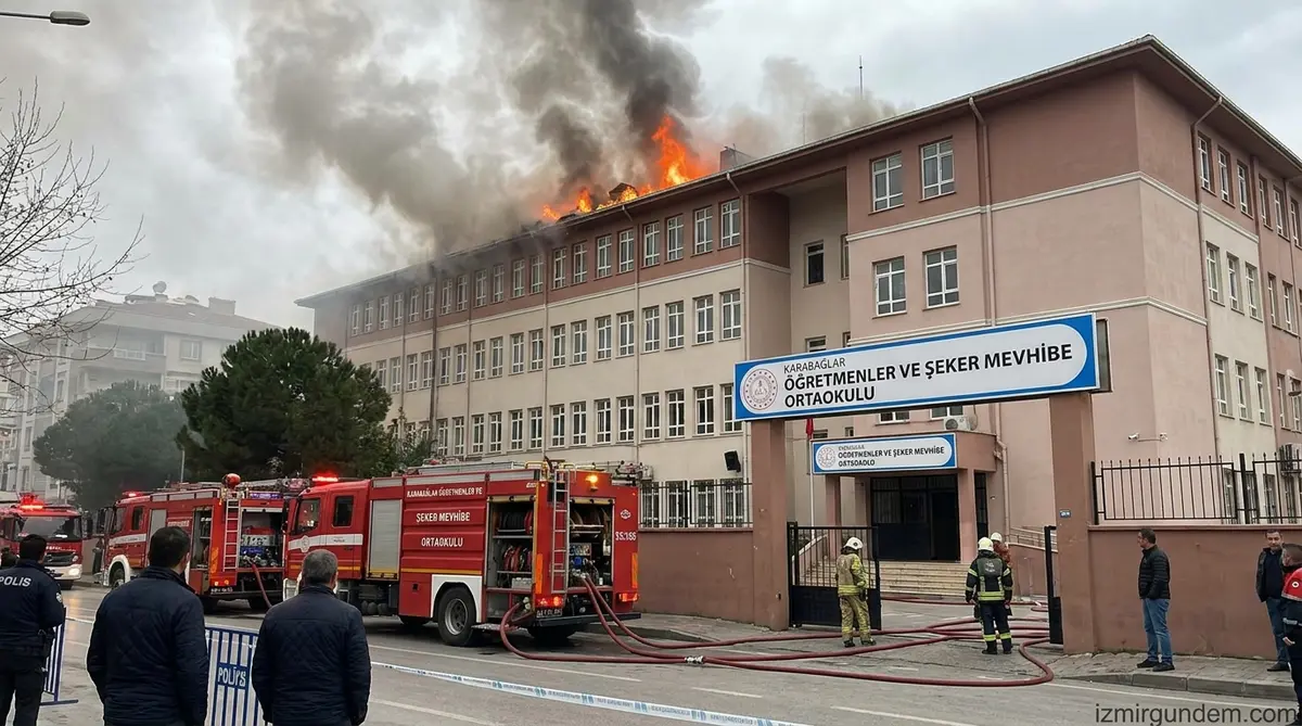 Karabağlar Öğretmenler ve Şeker Mevhibe Ortaokulu Çatısında Yangın