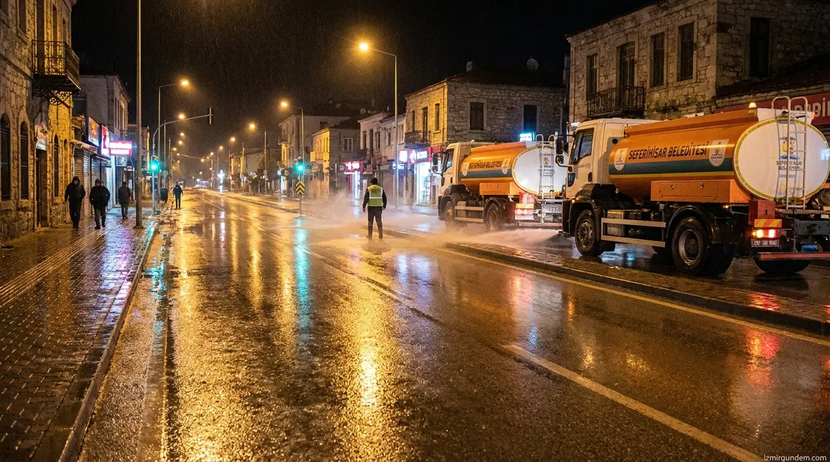 Seferihisar'da Gece Mesaisi: Sokaklar Özel Araçlarla Yıkanıyor